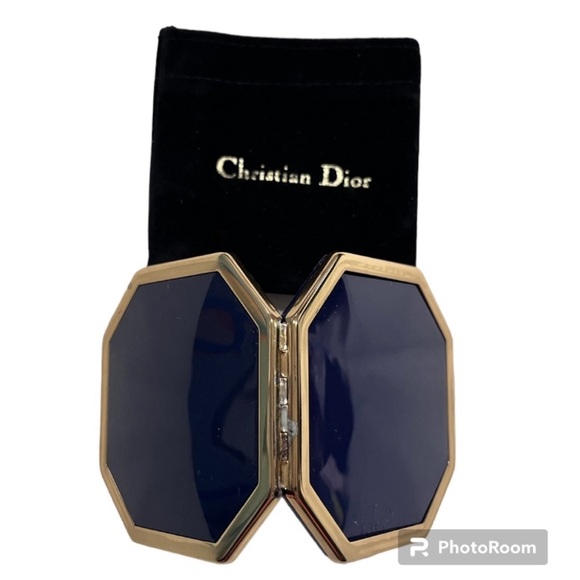 Vintage Christian Dior Makeup Mirror Compact Blue and Gold - Picture 5 of 7